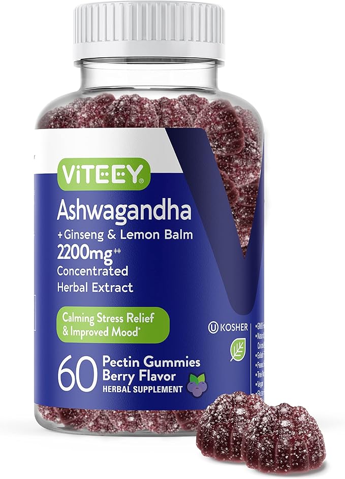 Ashwagandha Supplements Gummies with Ginseng & Lemon Balm Herbal Extract - Ashwagandha Gummies for Calm, Relax, Restore, Unwind - Vegan, Gelatin Free, Gluten Free - Tasty Chewable Berry Flavored