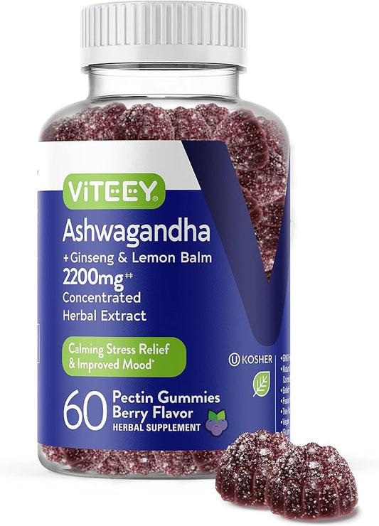 Ashwagandha Supplements Gummies with Ginseng & Lemon Balm Herbal Extract - Ashwagandha Gummies for Calm, Relax, Restore, Unwind - Vegan, Gelatin Free, Gluten Free - Tasty Chewable Berry Flavored