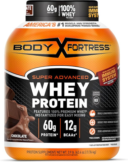 Body Fortress Super Advanced Whey Protein Powder, Chocolate, Immune Support (1), Vitamins C & D Plus Zinc, 3.9 lbs.