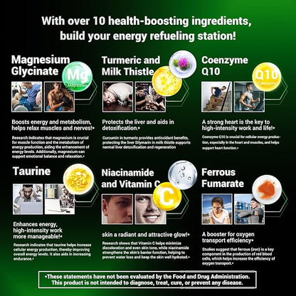 Energy Boost & Magnesium Glycinate, Contains Vitamin D3, Vitamin C, Turmeric Supplement, Ashwagandha Supplement, Milk Thistle, Calcium Supplement & Magnesium Supplement 60 Tablets