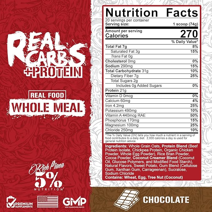 5% Nutrition Rich Piana Real Carbs + Protein | Clean Mass Gainer Protein Powder | Real Food Carbohydrate Fuel for Pre Workout/Post-Workout Recovery Meal | 3.2 lb, 20 Servings (Chocolate)