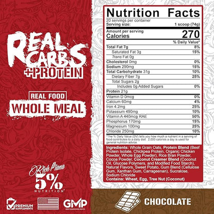 5% Nutrition Rich Piana Real Carbs + Protein | Clean Mass Gainer Protein Powder | Real Food Carbohydrate Fuel for Pre Workout/Post-Workout Recovery Meal | 3.2 lb, 20 Servings (Chocolate)