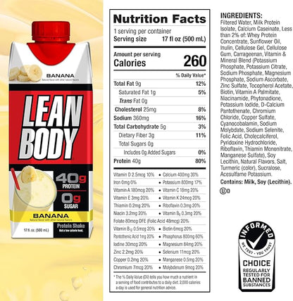 Lean Body Ready-to-Drink Banana Protein Shake, 40g Protein, Whey Blend, 0 Sugar, Gluten Free, 22 Vitamins & Minerals, 17 Ounce (Recyclable Carton & Lid - Pack of 12) LABRADA