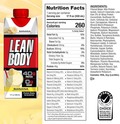 Lean Body Ready-to-Drink Banana Protein Shake, 40g Protein, Whey Blend, 0 Sugar, Gluten Free, 22 Vitamins & Minerals, 17 Ounce (Recyclable Carton & Lid - Pack of 12) LABRADA