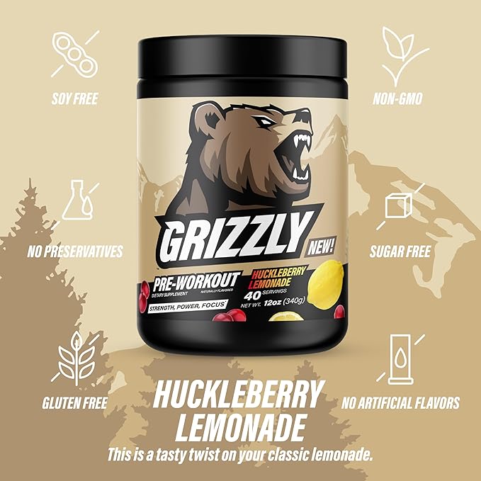 GRIZZLY Pre Workout Powder for Men & Women - Essential Aminos L-Citrulline & Beta Alanine Plus Caffeine - Preworkout Energy Drink Mix for Intense Power Focus & Pump, Huckleberry Lemonade - 40 Servings