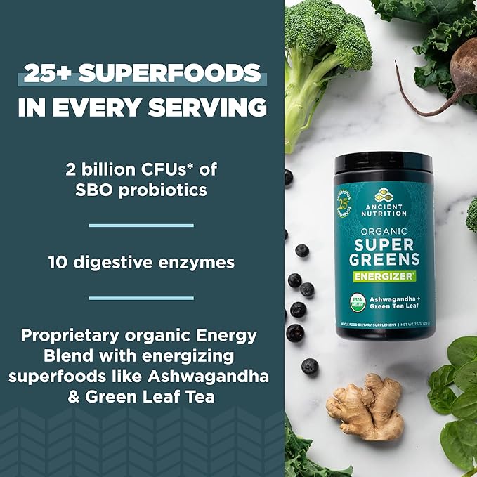 Organic SuperGreens Energizer Powder with Probiotics and B12 by Ancient Nutrition, Made from Real Fruits, Vegetables and Herbs, for Digestive, Detoxification and Energy Support, 25 Servings
