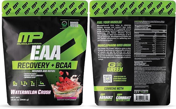 Muscle Pharm EAA Recovery + BCAAs, Post Workout Essential Amino Acids Powder, Pre Workout Energy Supplement for Men & Women with Branched Chain Amino Acids, 30 Servings (Watermelon Crush)