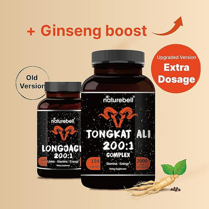 Tongkat Ali 200:1 (Longjack) Extract for Men, 2000mg Per Serving, Indonesia Origin, Eurycoma Longifolia | with Panax Ginseng for Energy, Stamina, & Male Health Support (150 Count (Pack of 2))