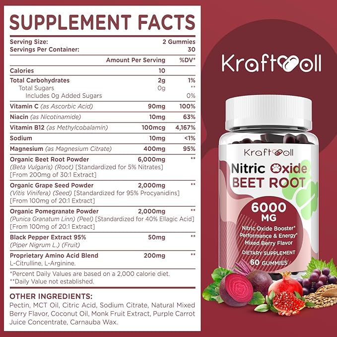 Nitric Oxide Beet Root Gummies 6000MG Supplements - Sugar Free, Beetroot, Grapeseed Powder, Pomegranate Powder, Vitamin C and B12 - Beet Chewables Mixed Berry Flavor, 60 Gummies