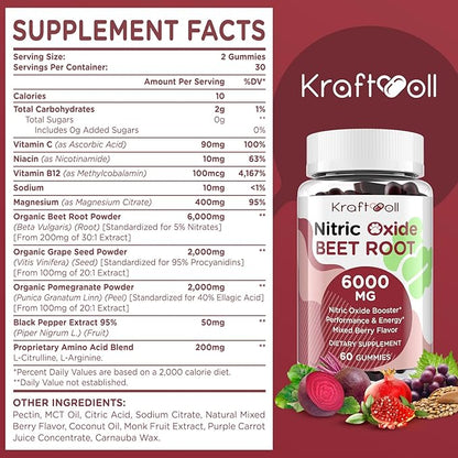 Nitric Oxide Beet Root Gummies 6000MG Supplements - Sugar Free, Beetroot, Grapeseed Powder, Pomegranate Powder, Vitamin C and B12 - Beet Chewables Mixed Berry Flavor, 60 Gummies