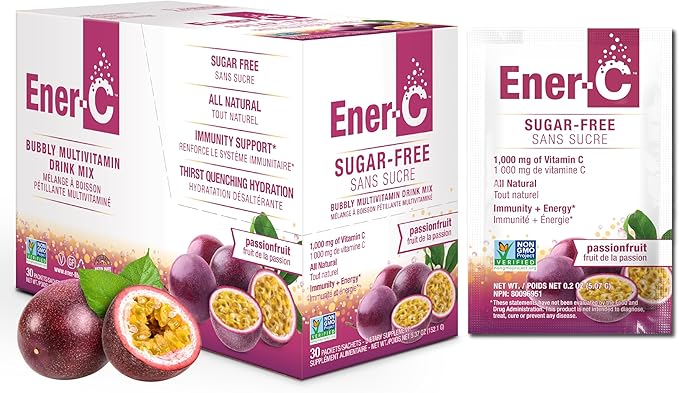 Ener-C Sugar Free Energy Passion Fruit Multivitamin Drink Mix Vitamin C 1000mg & Electrolytes - Natural Immunity Support with Real Fruit Juice Powders - Non-GMO Vegan & Gluten Free - 30 Count