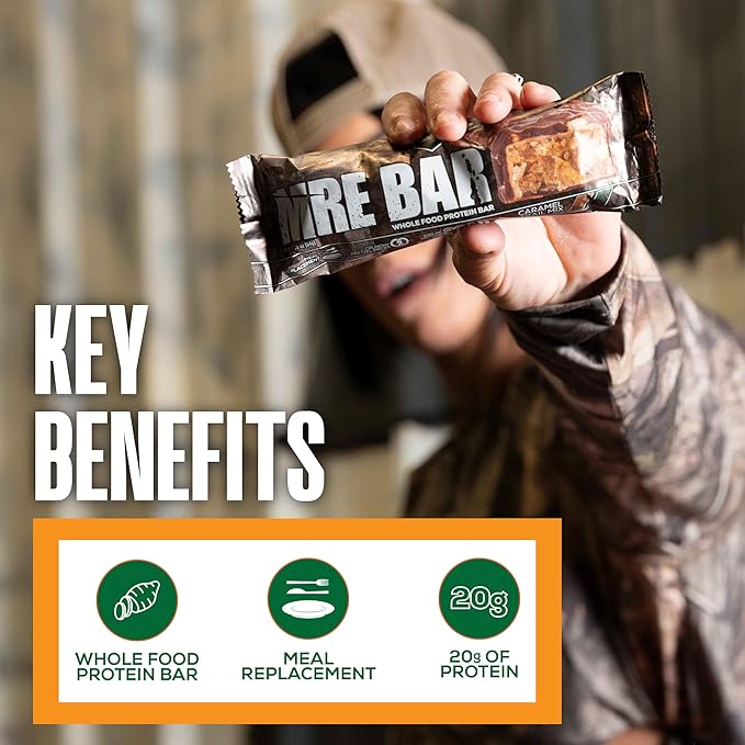 REDCON1 x Mossy Oak MRE Protein Bar, Caramel Trail Mix - 20g of Whole Food Protein + MCT Oil - Easily Digestible, Macro Balanced Low Sugar Meal Replacement Bar (12 Count)