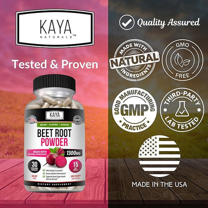 Kaya Naturals Premium Organic Beet Root Powder Supplements - Promotes Healthy Circulation and Nitric Oxide Flow - Non-GMO and Gluten Free - 30 Count