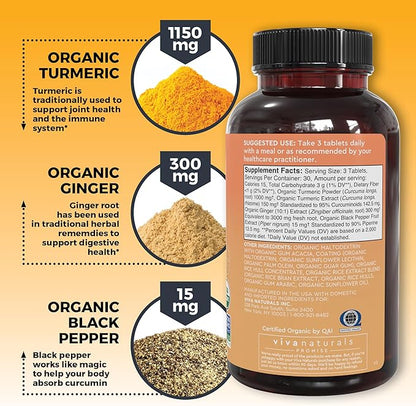 Organic Turmeric Ginger Supplements for Joint Support and Heart Health -1450 mg per Serving Tumeric and Ginger Pills with 150 of Turmeric Standardized to 95% Curcuminoids, 15mg Black Pepper Extract