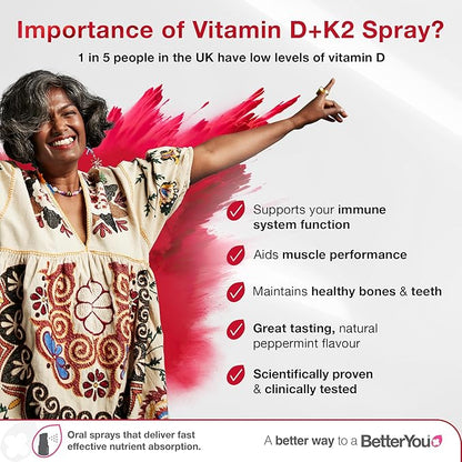 BetterYou D3000 and K2 Vitamin D Daily Oral Spray - Convenient Alternative for Tablets - Supports Bone Health and Boost Immune System - Natural Peppermint Flavor - 0.4 oz