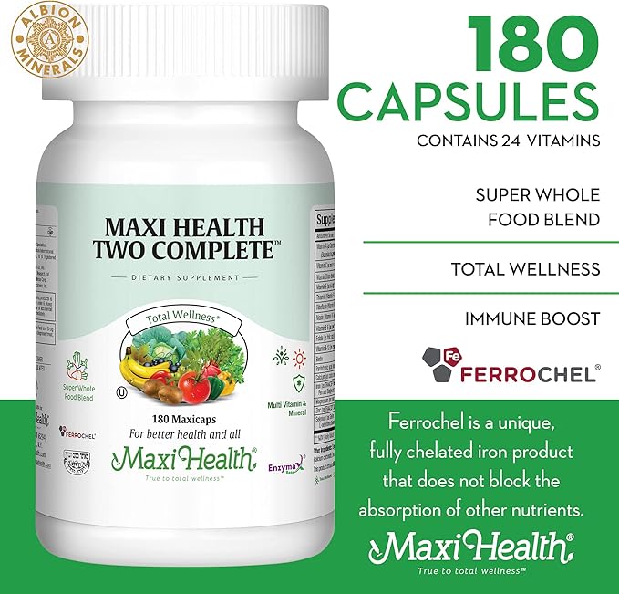 Maxi Health Two Complete - Multivitamins and Minerals - Full Potency - 180 Capsules - Kosher