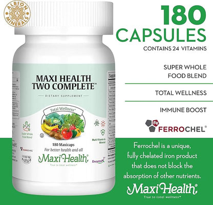 Maxi Health Two Complete - Multivitamins and Minerals - Full Potency - 180 Capsules - Kosher