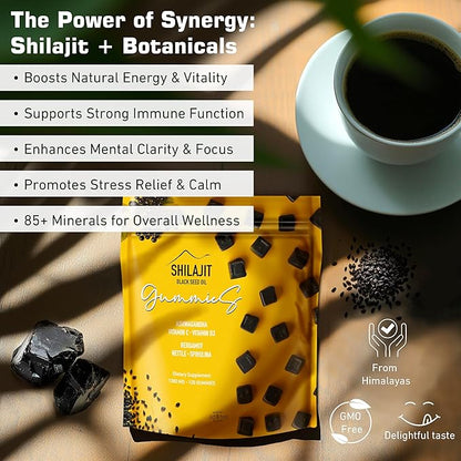 1280mg Gold Shilajit Gummies with Black Seed Oil, Ashwagandha, Spirulina, Vitamins C & D3 - Himalayan Shilajit for Men Women, Immune & Energy Support, Vegan Supplement, 120 Ct