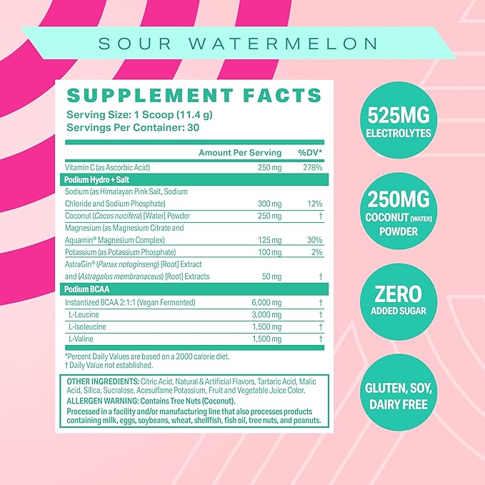 Podium Nutrition, Instantized BCAA Powder, Hydro and Salt, Sour Watermelon, 30 Servings, Electrolytes, Hydration, Recovery