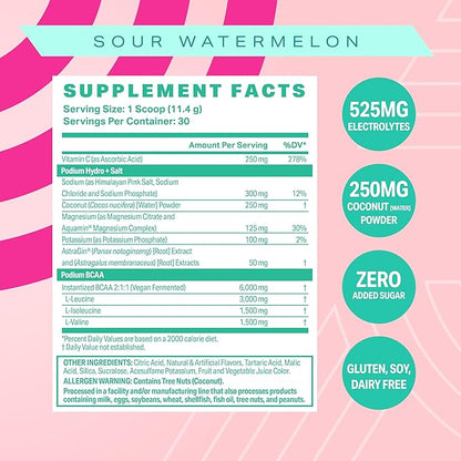 Podium Nutrition, Instantized BCAA Powder, Hydro and Salt, Sour Watermelon, 30 Servings, Electrolytes, Hydration, Recovery
