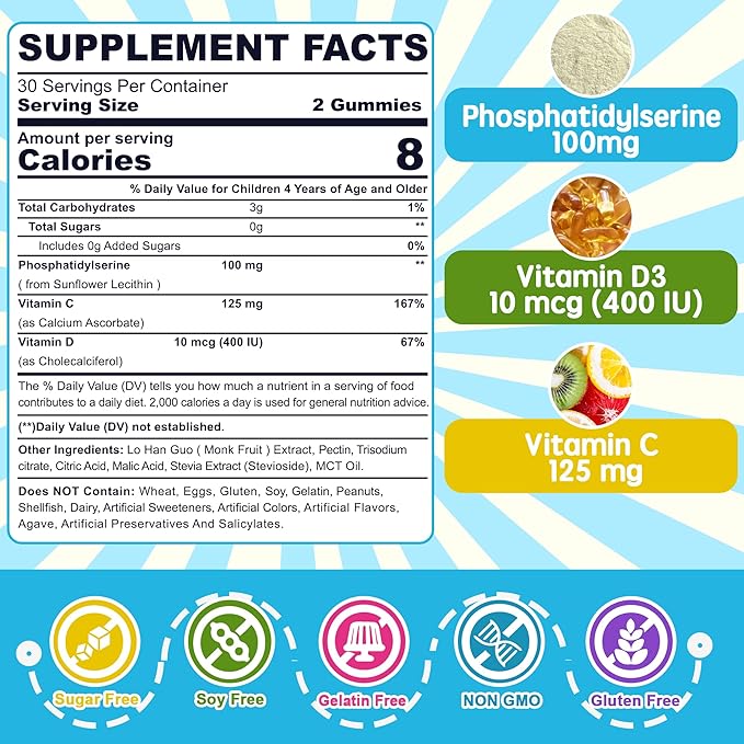 Phosphatidylserine Supplement 100mg, Focus Gummies for Kids Teens + Vitamin C & D3 400IU, Sugar Free Kids Brain Gummies Increase Attention & Concentration, Chewable, Vegan, Gluten Free, Non-GMO 2 Pack
