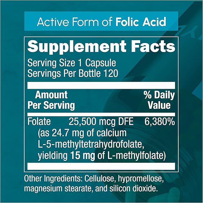 L-Methylfolate 15mg - L Methyl Folate Supplement, 5-MTHF for Folic Acid Deficiency - Max Absorption and Potency - l-methylfolate 15 mg - Methyl folate 15 mg - 120 Vegan Capsules, Non-GMO Gluten Free