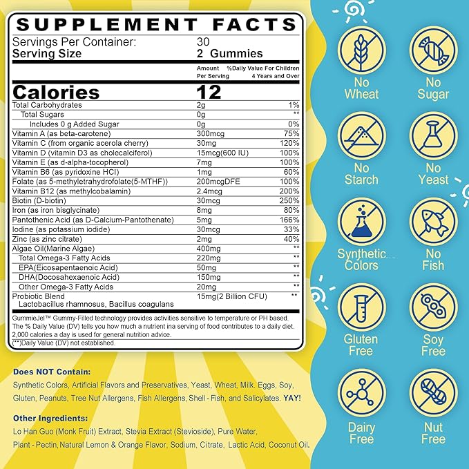 Kids Multivitamin Gummies with Iron, Vegan Omega 3 (EPA/DHA), Probiotics, Kids Vitamin A, C, D, E & Zinc for Immune Support, Multivitamin for Kids 4+, Sugar Free, Gluten Free, Fruit Flavor, 120 Counts