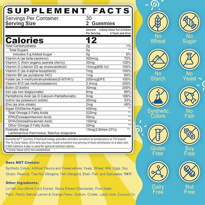 Kids Multivitamin Gummies with Iron, Vegan Omega 3 (EPA/DHA), Probiotics, Kids Vitamin A, C, D, E & Zinc for Immune Support, Multivitamin for Kids 4+, Sugar Free, Gluten Free, Fruit Flavor, 120 Counts