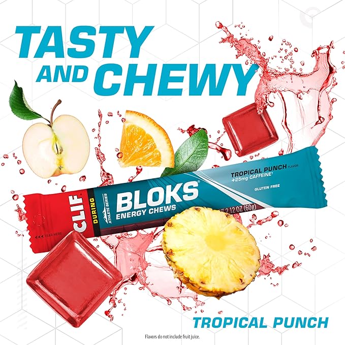 CLIF BLOKS - Tropical Punch Flavor with Caffeine - Energy Chews - Non-GMO - Plant Based - Fast Fuel for Cycling and Running - Quick Carbohydrates and Electrolytes - 2.12 oz. (18 Count)