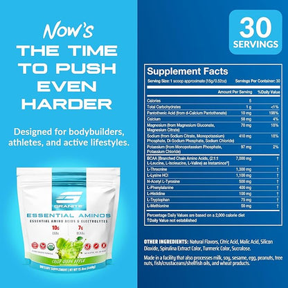 Granite 10g Essential Amino Acids Powder | Muscle Recovery Supplement for Muscle Growth | 7g BCAA Powder with Electrolytes | 30 Servings | Green Apple Flavor | Soy & Gluten Free | Made in USA
