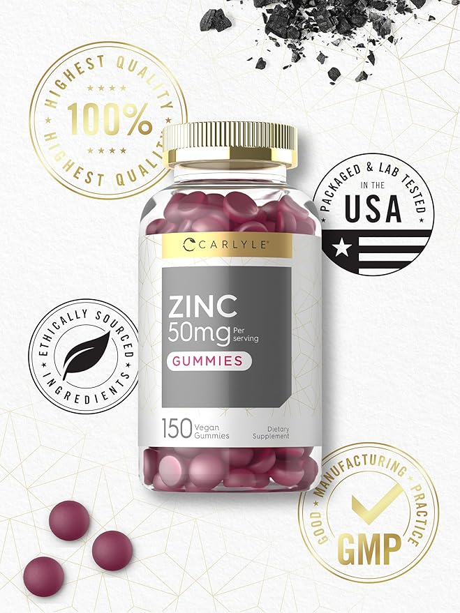 Carlyle Zinc 50mg Gummies | 150 Count | Vegan, Non-GMO and Gluten Free Formula | Zinc Citrate Dietary Supplement