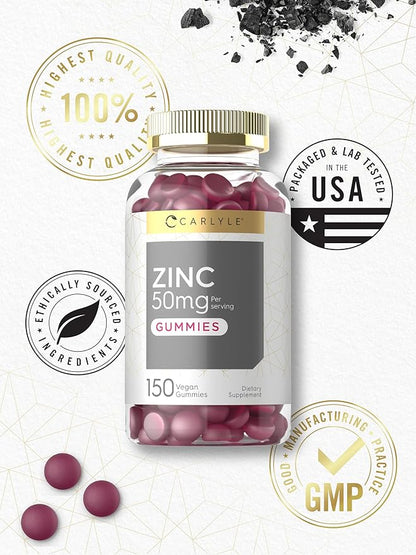 Carlyle Zinc 50mg Gummies | 150 Count | Vegan, Non-GMO and Gluten Free Formula | Zinc Citrate Dietary Supplement