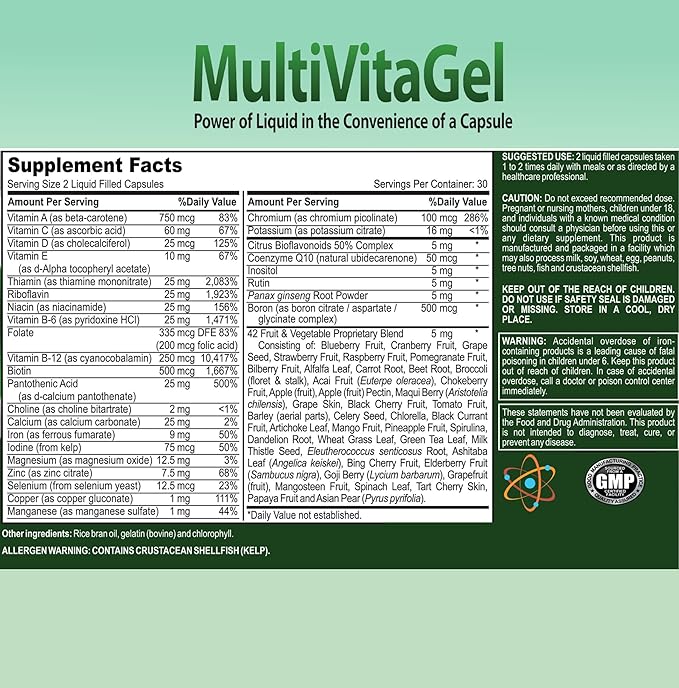 MultiVitaGel Liquid Filled Gel Caps, Vitamins Plus 42 Fruits & Veggies Blend, Optimum Nutrition Delivery