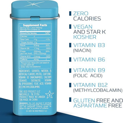 Viter Energy Caffeinated Mints 40mg Caffeine, B Vitamins, Sugar Free. (Wintergreen, 20pcs, 6 Pack)