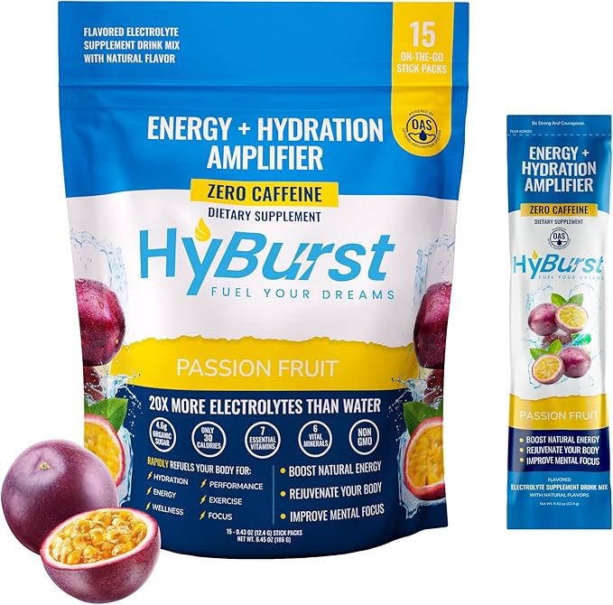 Energy + Hydration Amplifier - Multivitamin Electrolyte Powder Packets with Vitamins D3 K2 & B6 B12 | L-Theanine, Cane Sugar, Caffeine Free Energy Drink Powder | Passion Fruit, 15 Pack