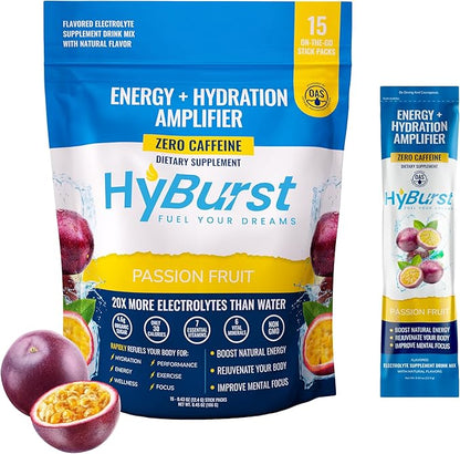Energy + Hydration Amplifier - Multivitamin Electrolyte Powder Packets with Vitamins D3 K2 & B6 B12 | L-Theanine, Cane Sugar, Caffeine Free Energy Drink Powder | Passion Fruit, 15 Pack