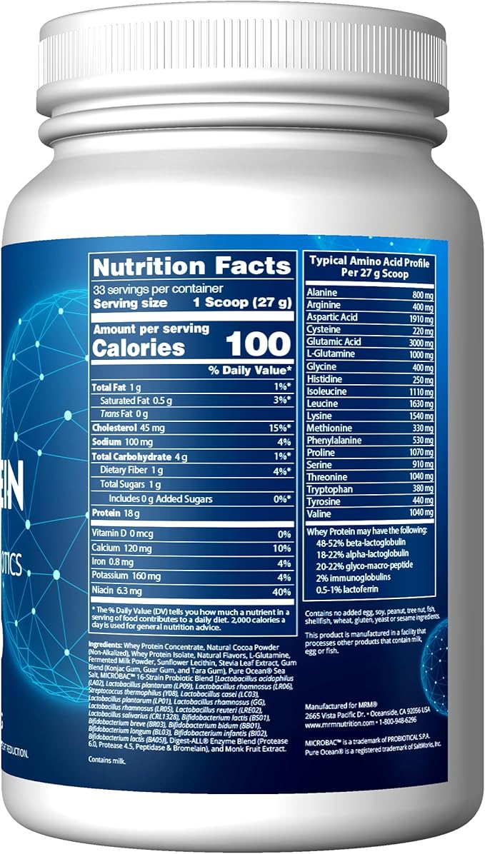 MRM Nutrition Whey Protein | Chocolate Flavored |18g Protein | with 2 Billion probiotics + Digestive enzymes + BCAAs | High Absorption + Digestion | Hormone + antibiotic Free | 33 Servings