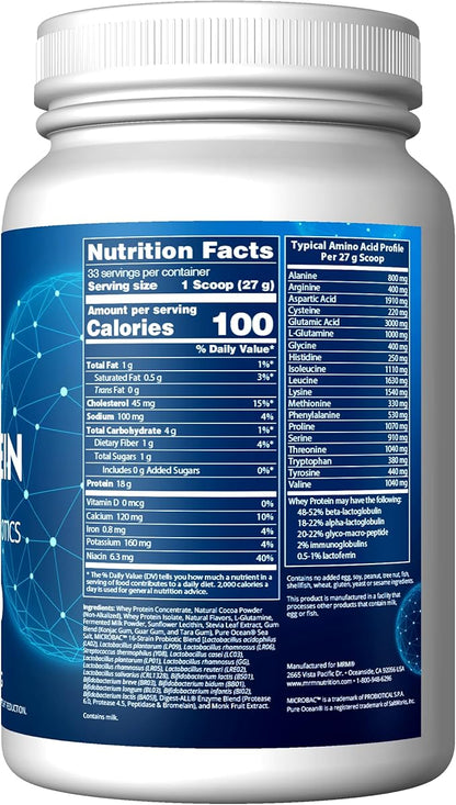 MRM Nutrition Whey Protein | Chocolate Flavored |18g Protein | with 2 Billion probiotics + Digestive enzymes + BCAAs | High Absorption + Digestion | Hormone + antibiotic Free | 33 Servings