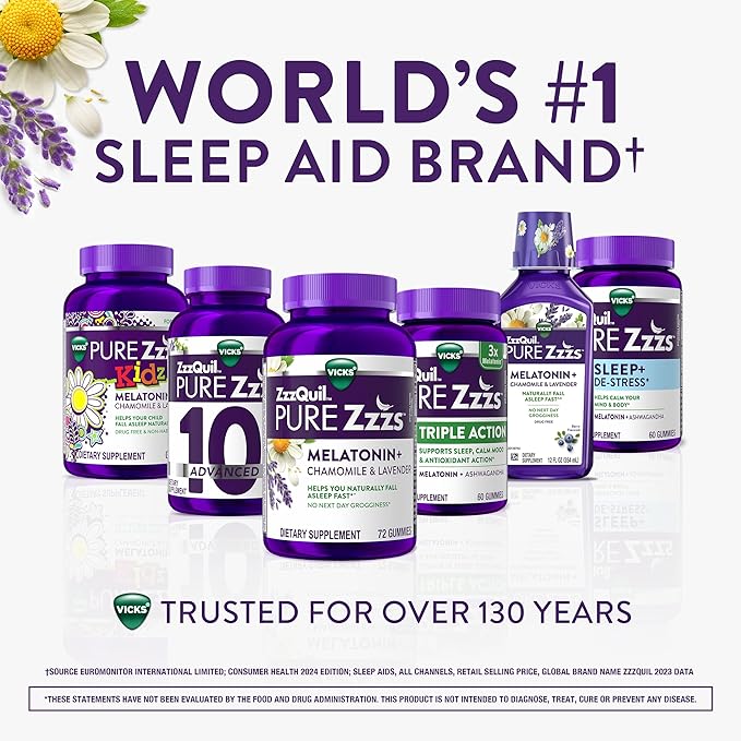ZzzQuil PURE Zzzs Melatonin Sleep Aid Gummies, Helps You Fall Asleep Naturally, Wildberry Vanilla Flavor, Chamomile Lavender & Valerian Root, 1mg per gummy, 72 Count