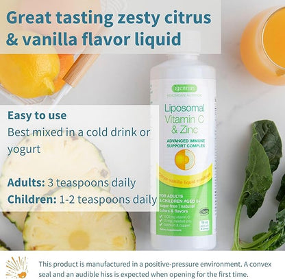High Absorption Liposomal Vitamin C 1000mg & Zinc Bisglycinate, 30-90 Servings, Liquid Immune Support for Adults & Kids 5+, Non-GMO, Sugar-Free, Citrus & Vanilla Flavor, by Igennus