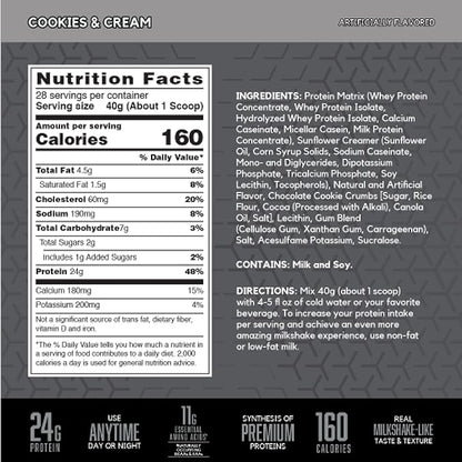 BSN SYNTHA-6 Edge Protein Powder, with Hydrolyzed Whey, Micellar Casein, Milk Protein Isolate, Low Sugar, 24g Protein, Cookies N Cream, 28 Servings