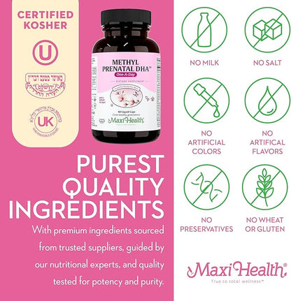 Maxi Health - Methyl Prenatal DHA Prenatal Vitamins Women - Doctor Formulated, Kosher, Gluten Free Prenatal Multivitamin with 25 Nutrients Including DHA, Folic Acid & More, 60 Liquid Caps