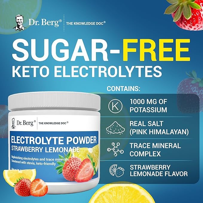 Dr. Berg Zero Sugar Hydration Keto Electrolyte Powder - Enhanced w/ 1000 mg of Potassium & Real Pink Himalayan Salt (NOT Table Salt) - Strawberry & Lemonade Hydration Drink Supplement - 50 Servings