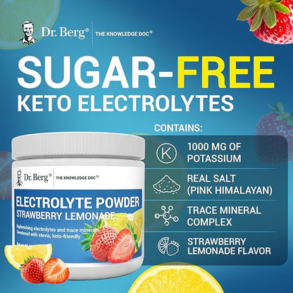 Dr. Berg Zero Sugar Hydration Keto Electrolyte Powder - Enhanced w/ 1000 mg of Potassium & Real Pink Himalayan Salt (NOT Table Salt) - Strawberry & Lemonade Hydration Drink Supplement - 50 Servings