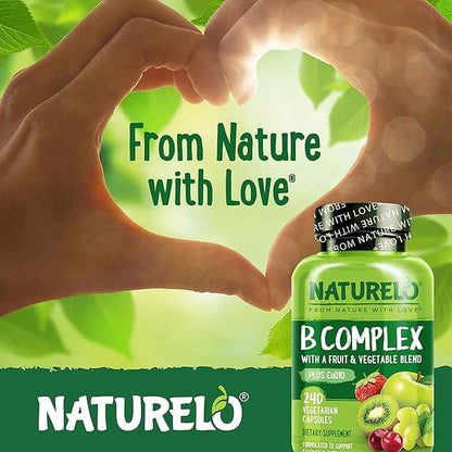 NATURELO B Complex - Whole Food Complex with Vitamin B6, Folate, B12, Biotin - Supplement for Energy and Stress - High Potency - Vegan - Vegetarian - Non GMO - Gluten Free - 240 Capsules