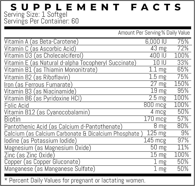 PregnaFast Prenatal Multivitamin Softgels, Supports Healthy Growth, Brain Development, Iron, Folic Acid, Vitamins C, E, (30 Day Supply-60 Count)