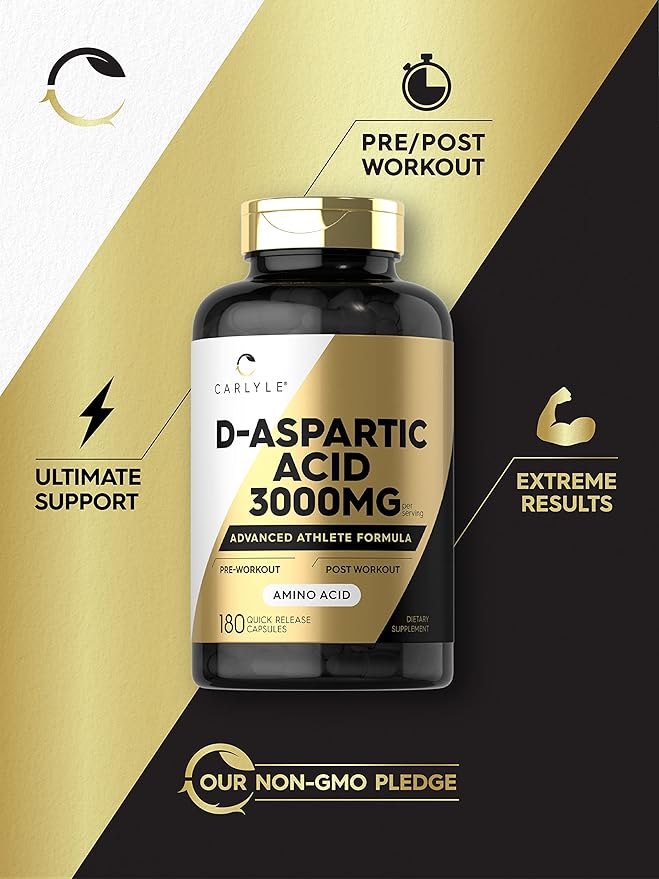 Carlyle D Aspartic Acid Capsules (DAA) | 3000mg | 180 Count | Non-GMO, Gluten Free Supplement | Advanced Athlete Formula