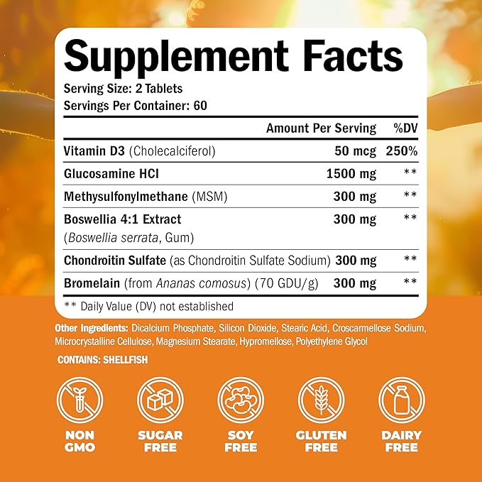 Glucosamine Chondroitin with Vitamin D3, Boswellia, MSM & Bromelain - Joint Health Supplement for Women & Men - Supports Hair, Skin and Nail Health, Strong Bones, and Immune Health. 120 Tablets