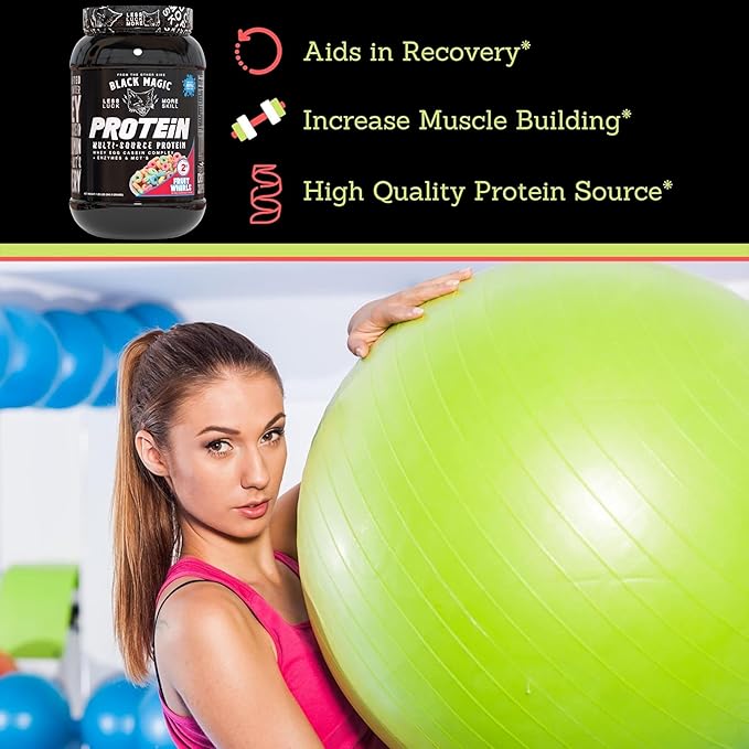 Worldwide Nutrition Black Magic Multi-Source Protein Powder - Whey, Egg Albumin Enzymes, Micellar Casein & MCTs - Muscle Mass Gaining - Fruit Whirls Flavor - 2 LB with Bonus Multi Purpose Key Chain