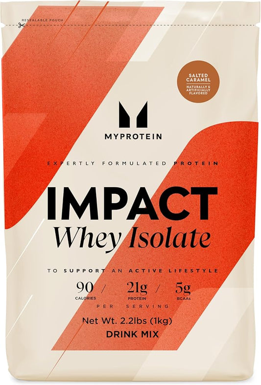 Myprotein Impact Whey Protein Isolate, 2.2 Lbs (40 Servings) Salted Caramel, 21g Protein & 6g BCAA Per Serving, Gluten-Free, Protein Shake for Muscle Strength & Recovery
